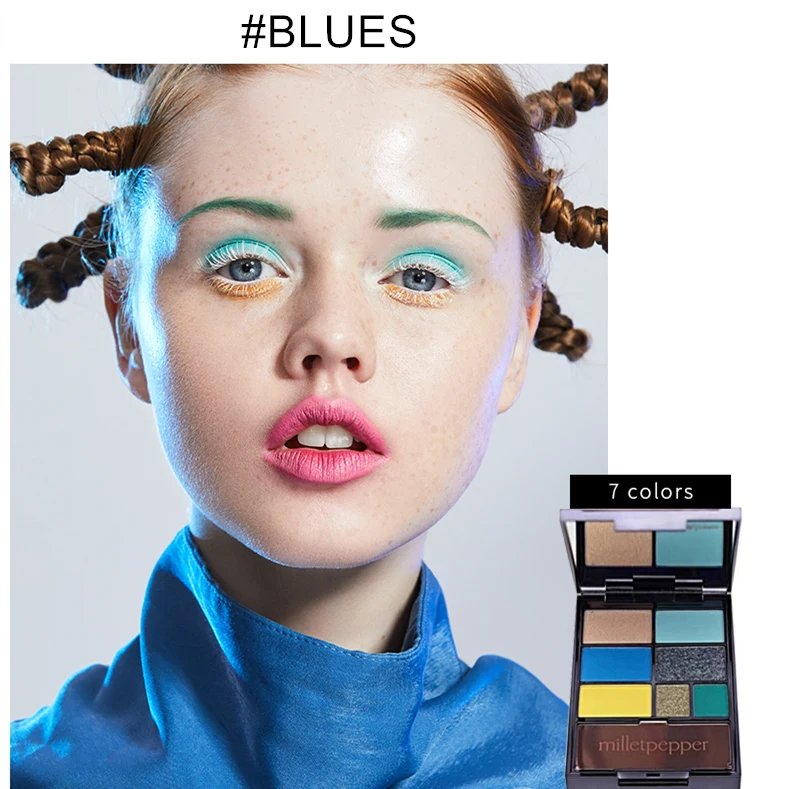 Milletpepper BLUES 7 Farieb Eyeshadow Palety Očarujúce Pigment Leskom Lesk Prášok Dlhotrvajúci make-up, Očné tiene Matné