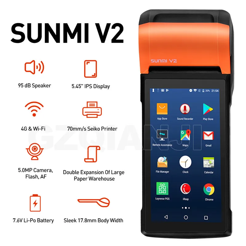 POS Terminál SUNMI V2 PDA Android Ručný reštaurácia, obchod pokladnice bezdrôtový bill stroj tepelná tlačiareň mobile 4G WIFI