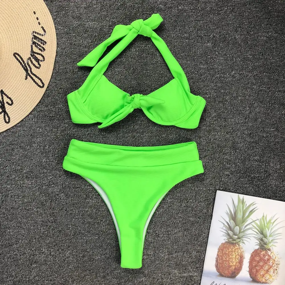 0020 Sexy Fluorescencie Zelená Vysoký Pás Push Up Bikini Set Žena Bandeau Plavky Ženy Plážové Oblečenie Plavky Veľkoobchod
