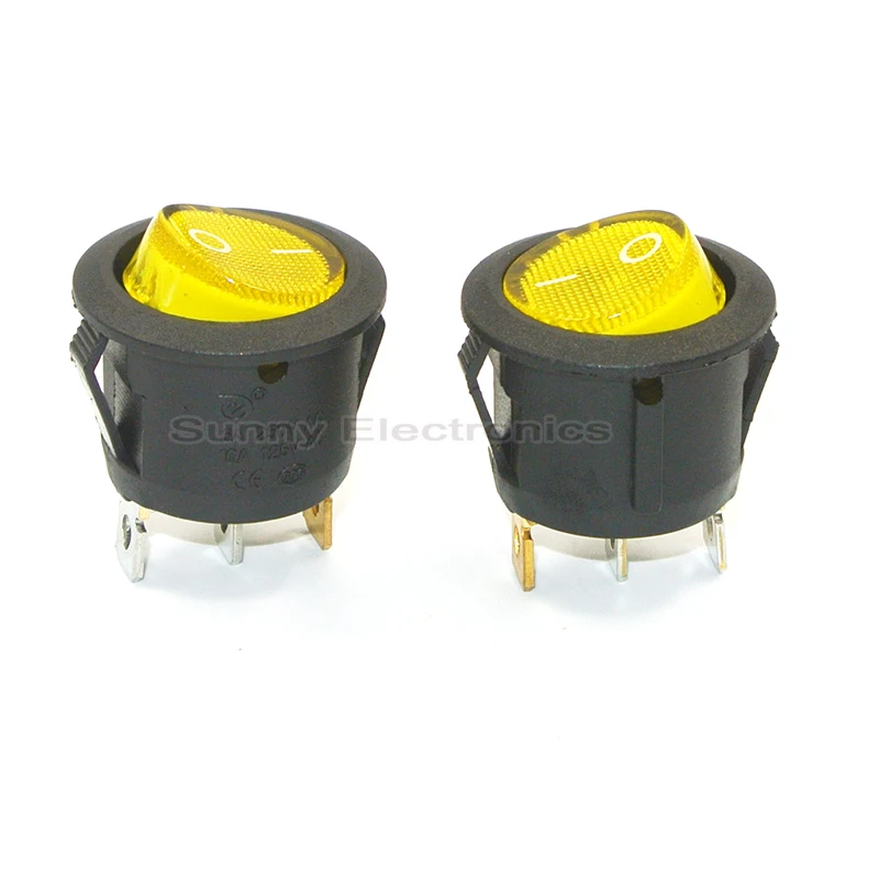 100ks Žltá Neon 3 kolík 4,8 mm svorky 220V Univerzálne LED svetelné Auto tlačidlo svieti ON/OFF Kola Kolískový Spínač