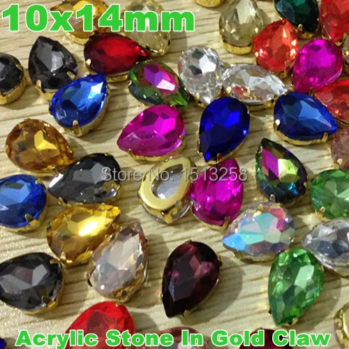 10x14mm 100ks Slza Akryl Ozdobný Kameň V Á Zlato Pazúr Nastavenie Šitie Korálky Crystal bohaté farby zmiešané