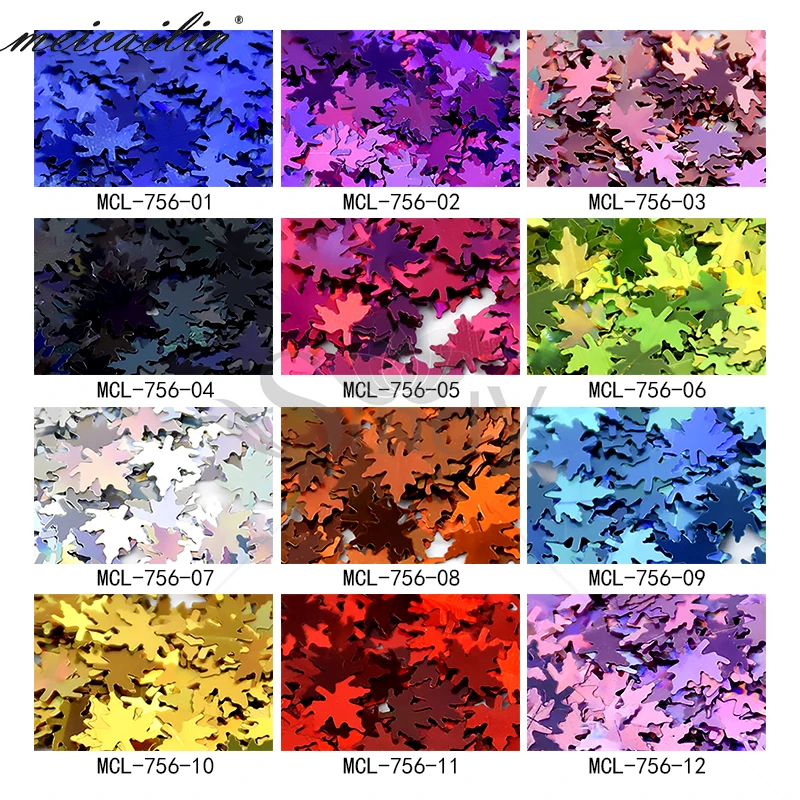 12 Pohárov/Set Nail Art Lesk Flitrami Vločka Holografické Zmiešané Farby Javorový List Tvar 3D Paillette Plátok Šumivé Manikúra Dekor