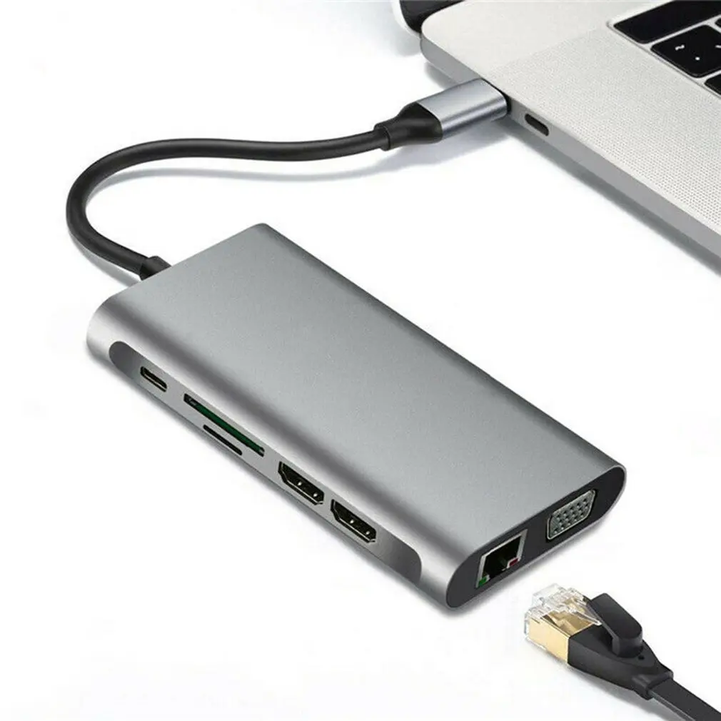 12 V 1 USB Typu C HUB Dual kompatibilný s HDMI Ethernet USB 3.0, Audio Jack Viacportová 4-port Adaptéra USB HUB pre MacBook