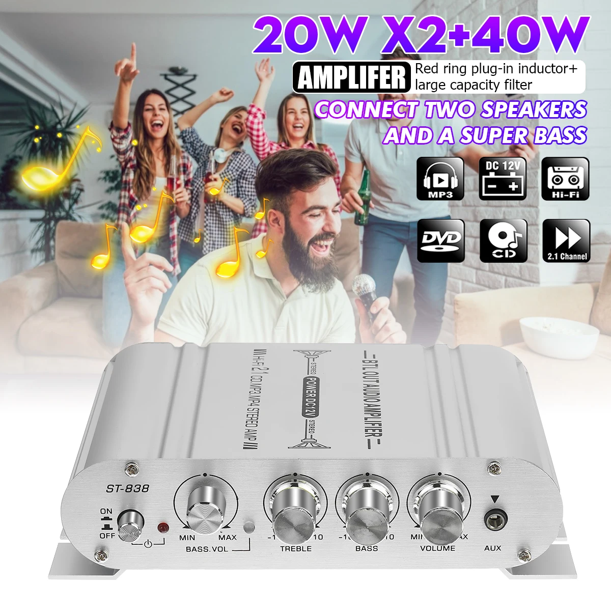 12V3A Power+Audio Kábel ST-838 MINI Digitálny Hi-Fi Auto Zosilňovač 2.1 CH 40W 2x20W Subwoofer, Digitálny Stereo BASS Audio Prehrávač