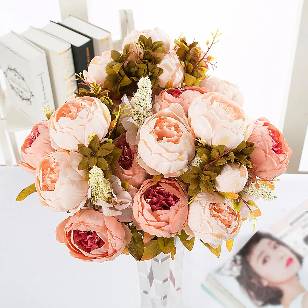 13 Pobočky/Kyticu Umelých kvetov Pivónia Živé Flores Artificiales Falošné Hodváb Rose Svadobné DIY Svadobné Dekor Veniec Žľazy Domov