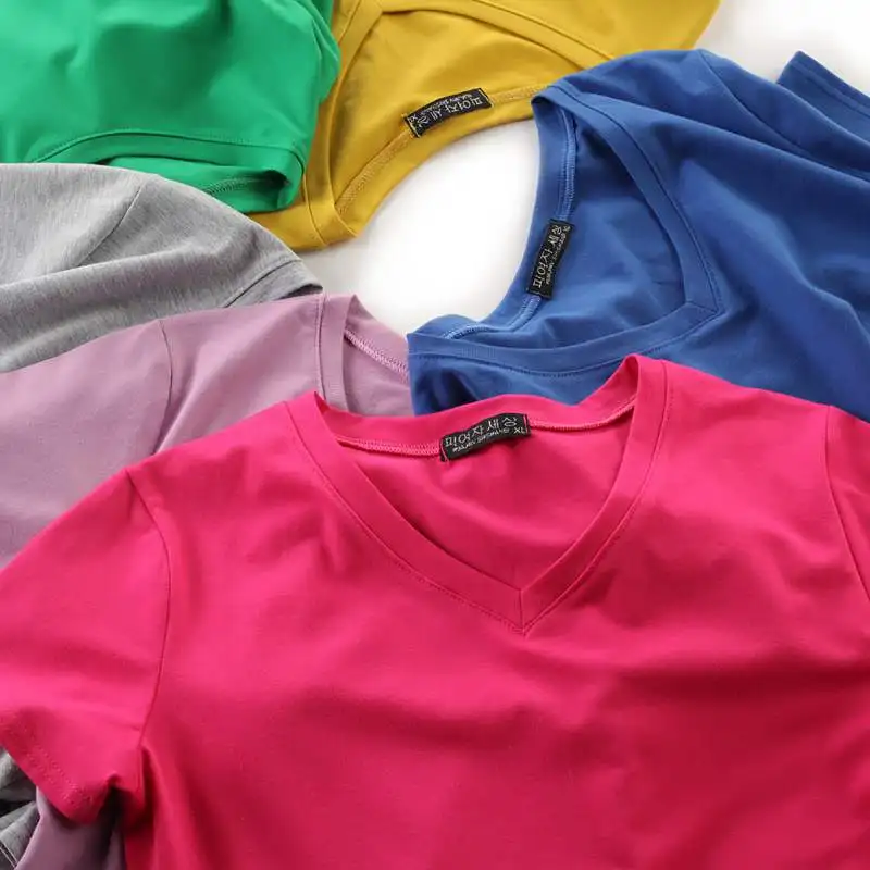 15 farieb! Plus Veľkosť M-3XL Ženy Tričko V Krku Letné Tričko Krátky Rukáv Pevné Farbou Základné Top Tee Košele, Ženské T-shirt