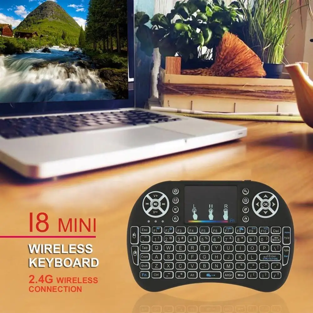2.4 GHz Mini Bezdrôtové Diaľkové Klávesnica s Touchpadom Myš pre Android TV Box Farebné LED Podsvietenie Rechargable Li-ion Batéria