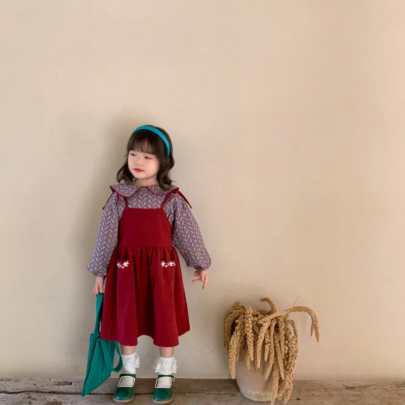 2-6T kórejská Dievča Retro Mori Textúrou Kvetinový Bábika Tričko + Vyšívané Menčester Vesta Šaty 2 Dielna Sada Deti Oblečenie Kojenecká Dievčatá