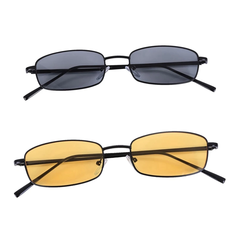 2 Ks Retro Slnečné Okuliare Unisex Obdĺžnik Okuliare Malé Odtiene Slnečné Okuliare S8004, Čierny Rám Sivej A Čiernej Farbe Rámu Žltá