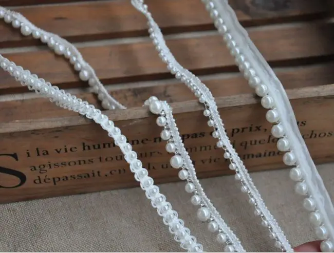 2 m/veľa Béžová Biela Perla, Vyšívané Korálkami Kamienkami Pletená Čipky Stuhou Výbava Pre Svadobné Šaty