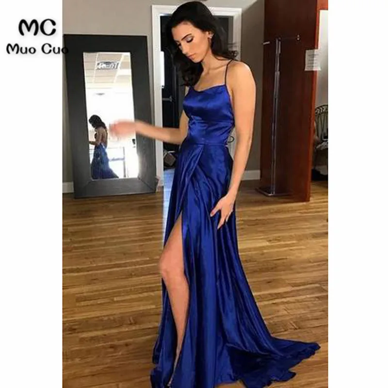 2018 Royer Modrá Prom Šaty, Dlhé tvaru Predné Split Dĺžka Podlahy Backless Lesklý Satén Formálne Večerné Party Šaty pre Ženy