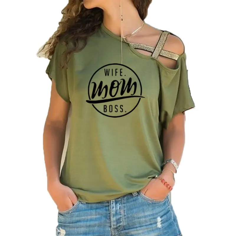 2019 Fashion T-Shirt pre Ženy Vrecku MANŽELKA, MAMA ŠÉF Listov Tlač Tričko Plus Veľkosť Topy Žien Nepravidelná Skosenie Kríž Obväz Tees