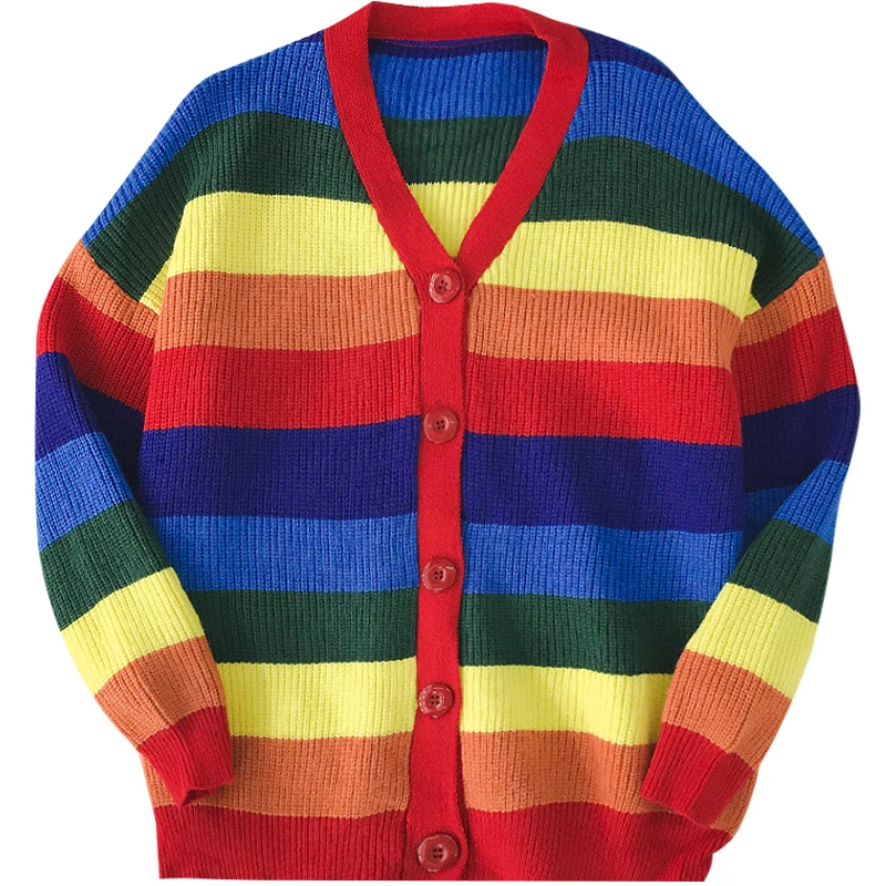 2019 Jarné dámske pletené bunda Rainbow Cardigan Voľné Overisize Ženy kabát, sveter ženy, Farebný Pruhovaný Sveter SW07