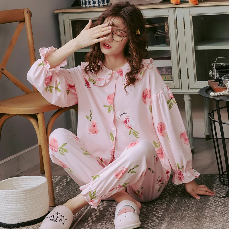 2019 Jeseň Zimné dámske Pyžamo Sady Kvetina Tlače Luxusné Žena Dva Kusy Košele + Nohavice Nighties Mäkké Roztomilé Ružové Sleepwear