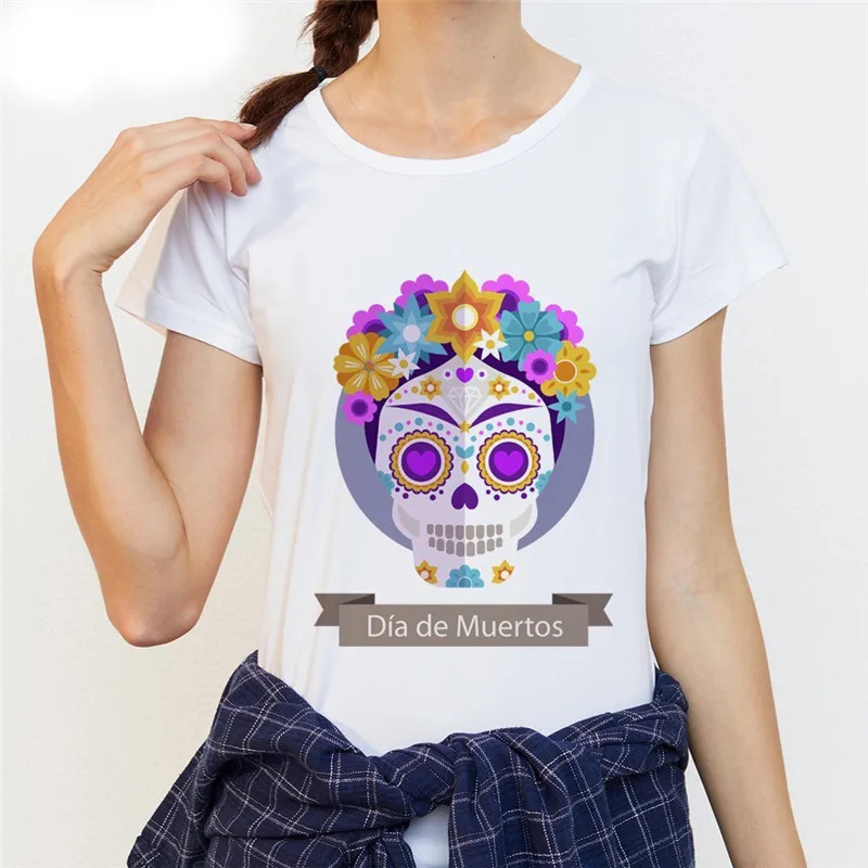 2019 Lete Mexickej Lebky T Shirt Ženy Kvet Tlač Originality O Krku, Krátke Tričká pre dievčatá