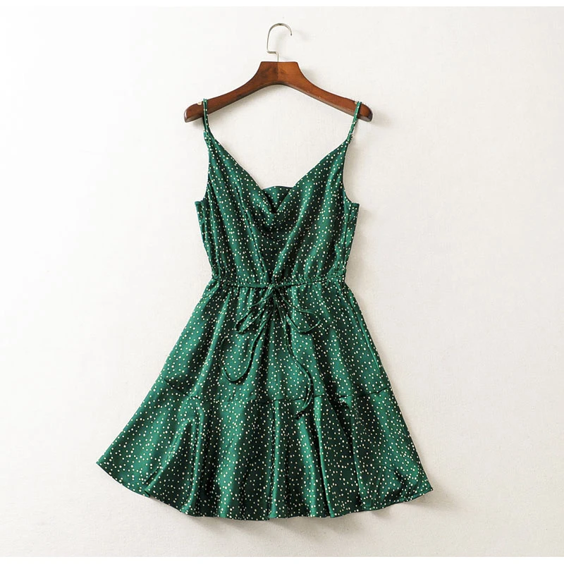 2019 Lete Sexy Vintage Zelená Polka Dot Dress Ženy Špagety Popruh Backless Mini Šaty Dievča Štýlové Party Šaty Vestidos