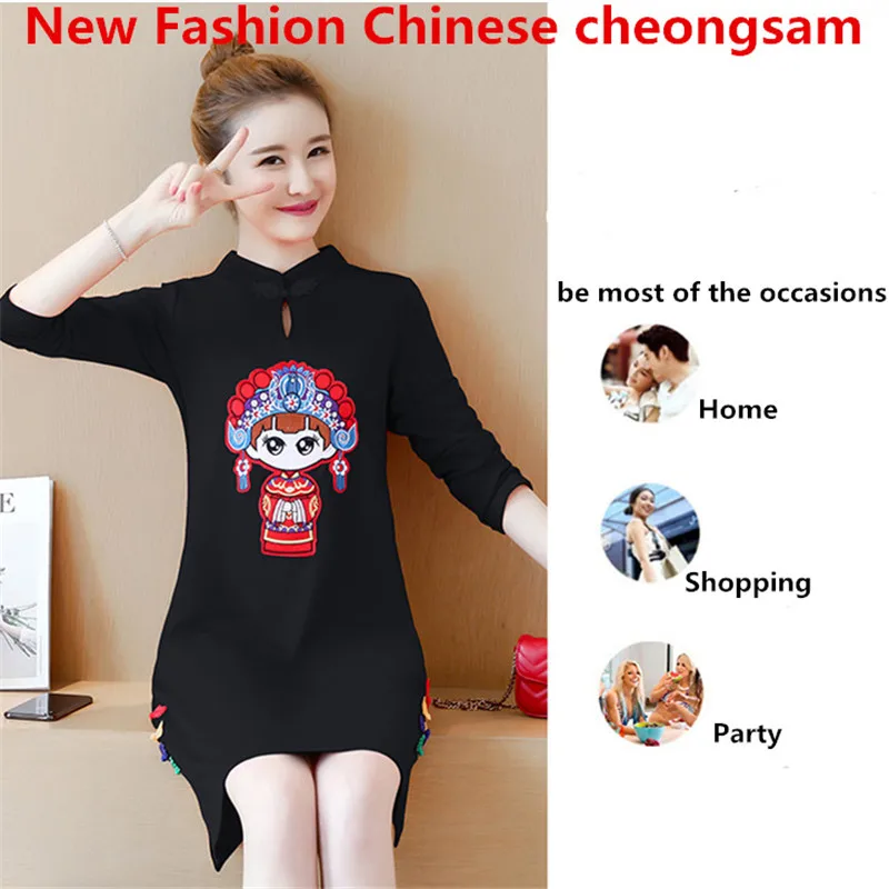 2019 Nové Módne Čínsky Cheongsam Ženy Šaty Čiernej a Červenej farby, Dlhý Rukáv Roztomilý Graf Ženy Výšivky Šaty Qipao