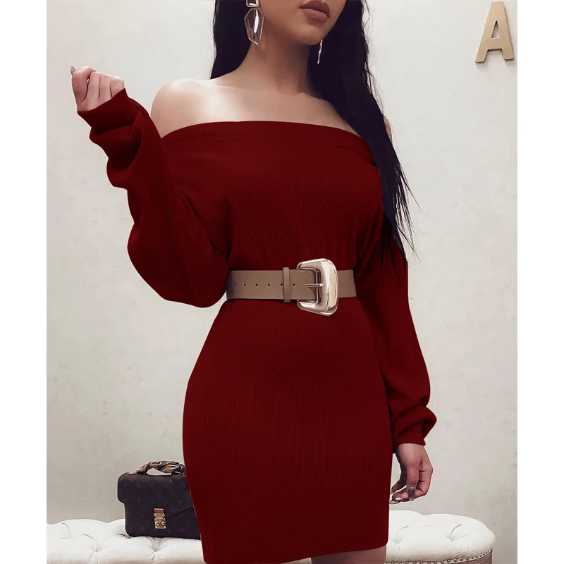 2019 Nový 3 Farby mini šaty Wantmove sexy lomka krk dlhý rukáv pevné bežné ženy mini šaty WM1024