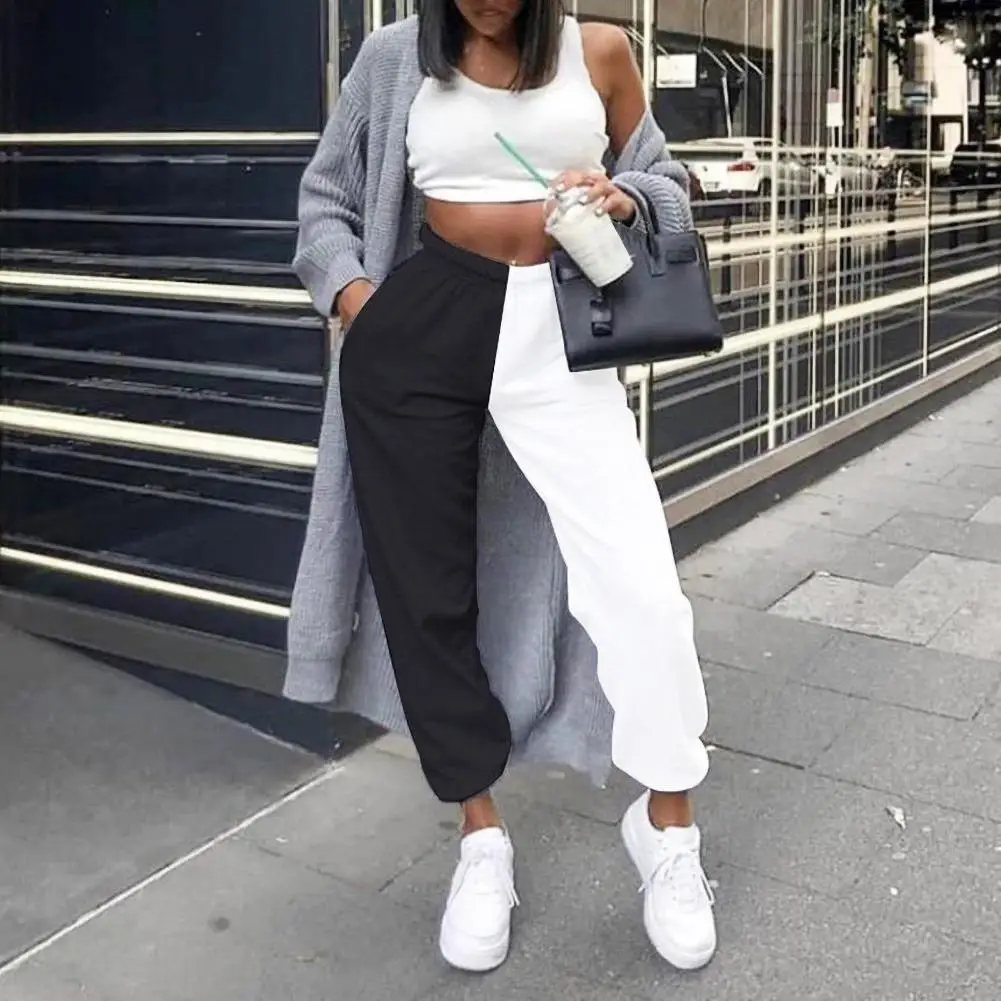 2019 vysoký pás black&white patchwork športový hárem nohavice jeseň zima ženy voľné ležérny športový streetwear nohavice