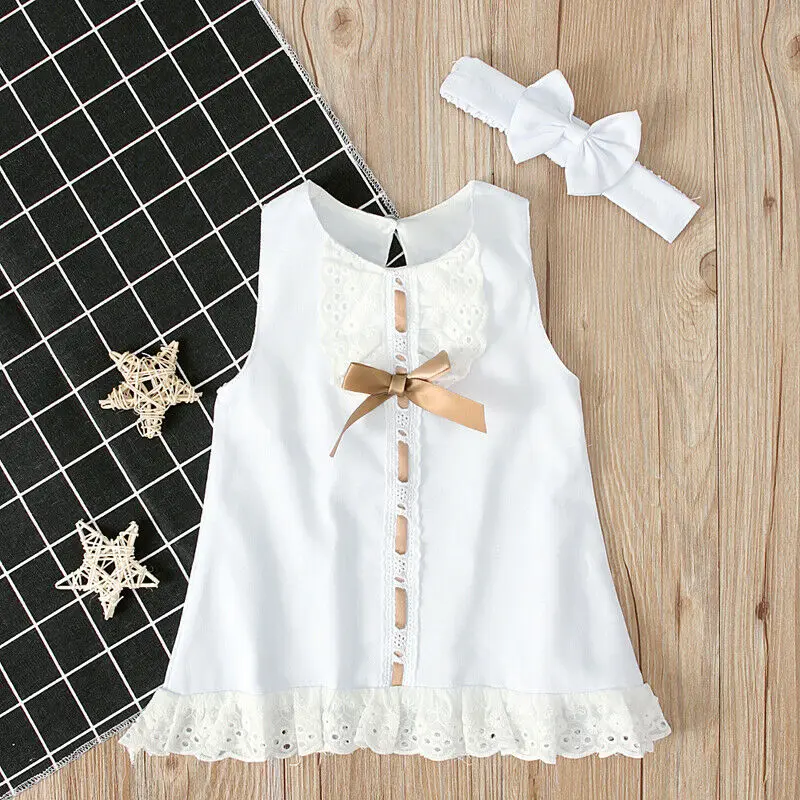2020 Batoľa Novonarodené Deti Baby Girl Dress Lete Sladké Biele Princezná Čipky bez Rukávov hlavový most pokrývku hlavy Oblečenie Oblečenie 2KS