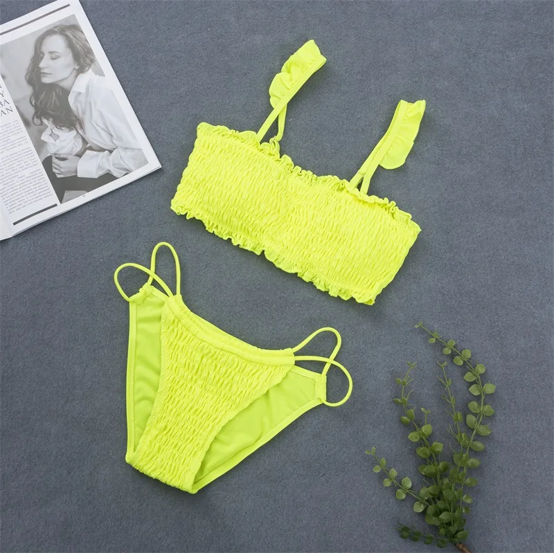 2020 Brazílske Bikini Set Ženy, Tangá Plavky Sexi Letné Neon Žltá Plavecké Plavky Prehrabať String Biquini Bandeau