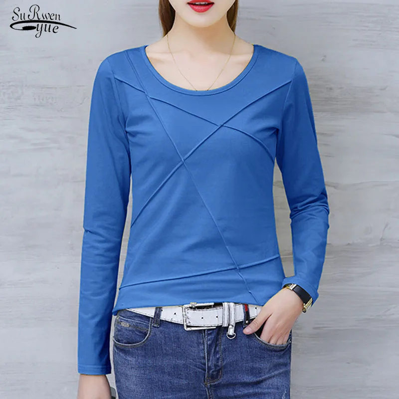 2020 Jeseň Nové Plus Veľkosť Tričko s Dlhým Rukávom Ženy Bavlny O-krku Slim T-shirt Bežné Štíhle Pevné kórejský Úrad Lady Oblečenie 10713