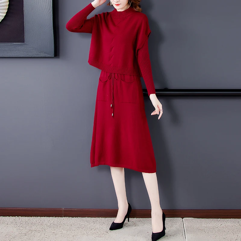 2020 Jeseň Zima Dve Kus Pletenie Sveter Šaty Vintage Bežné Pevné Plus Veľkosť Ženy Elegantné Teplé Dlhé Svetre Turtleneck