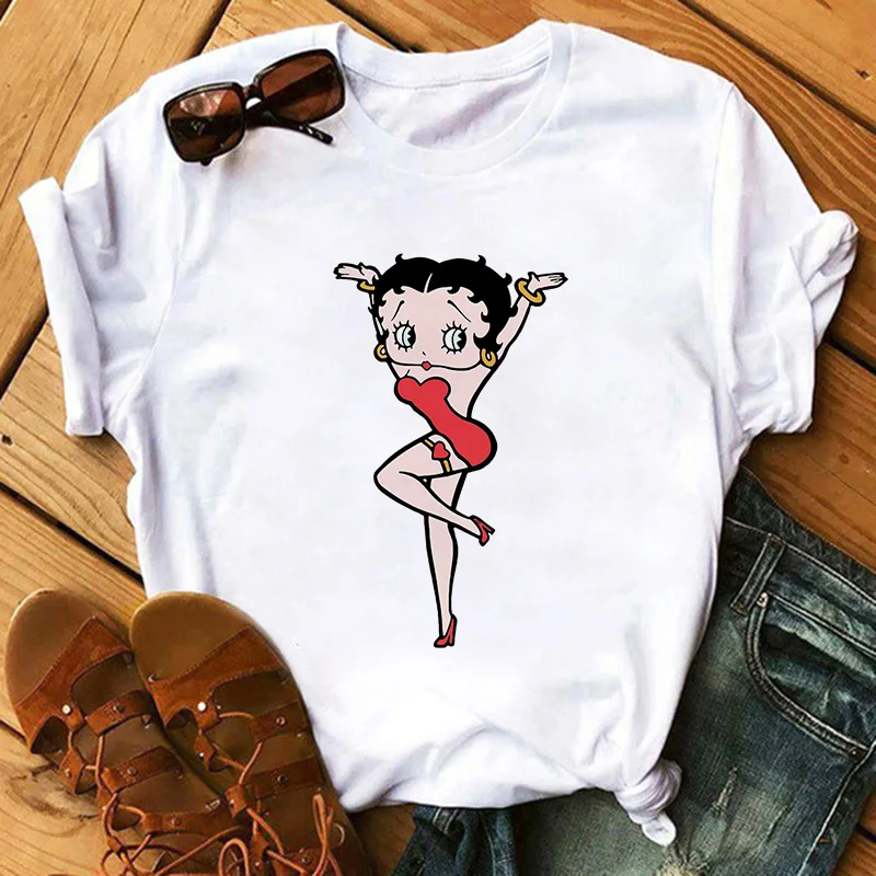 2020 Lete Bežné Móde Žena T-shirt Harajuku Zábavné Betty BOOP Vytlačené Tričko Retro Estetické T Shirt Nová Biela Streetwear
