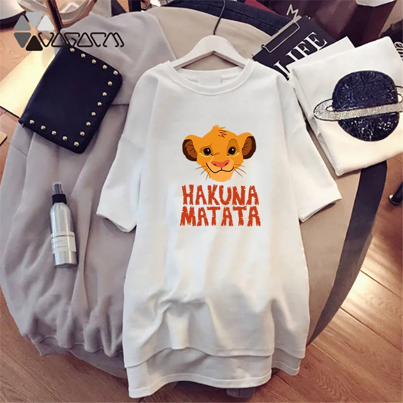 2020 Lete Ženy Cartoon Simba Hakuna Matata Lion King Tlačiť T-shirt Dress Tričko Krátky Rukáv Biele Plus Veľkosť Šaty Vestidos Župan