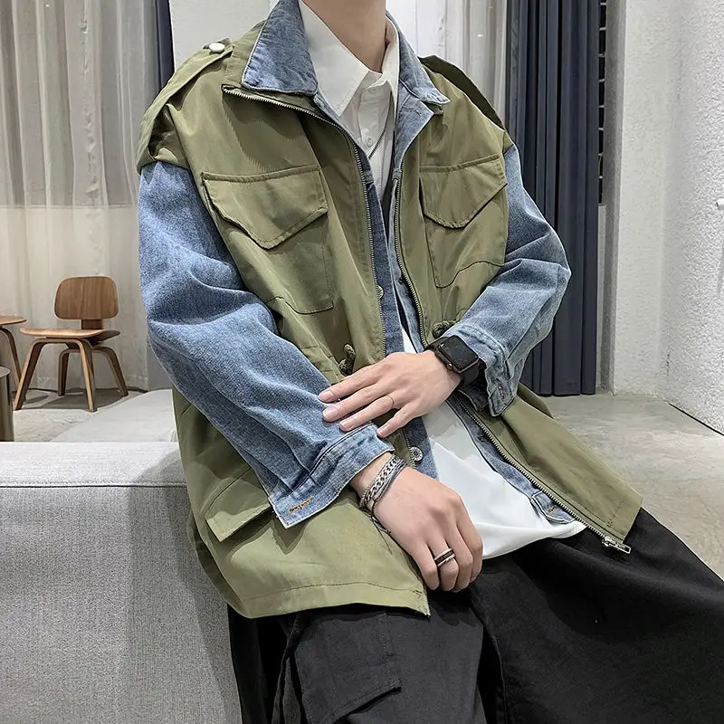 2020 Mužov Streetwear Džínsové Bundy Bombardér dvojdielne Šaty vrchné oblečenie Voľné Bežné Coats Čierna/zelená Farba Windbreaker M-XL