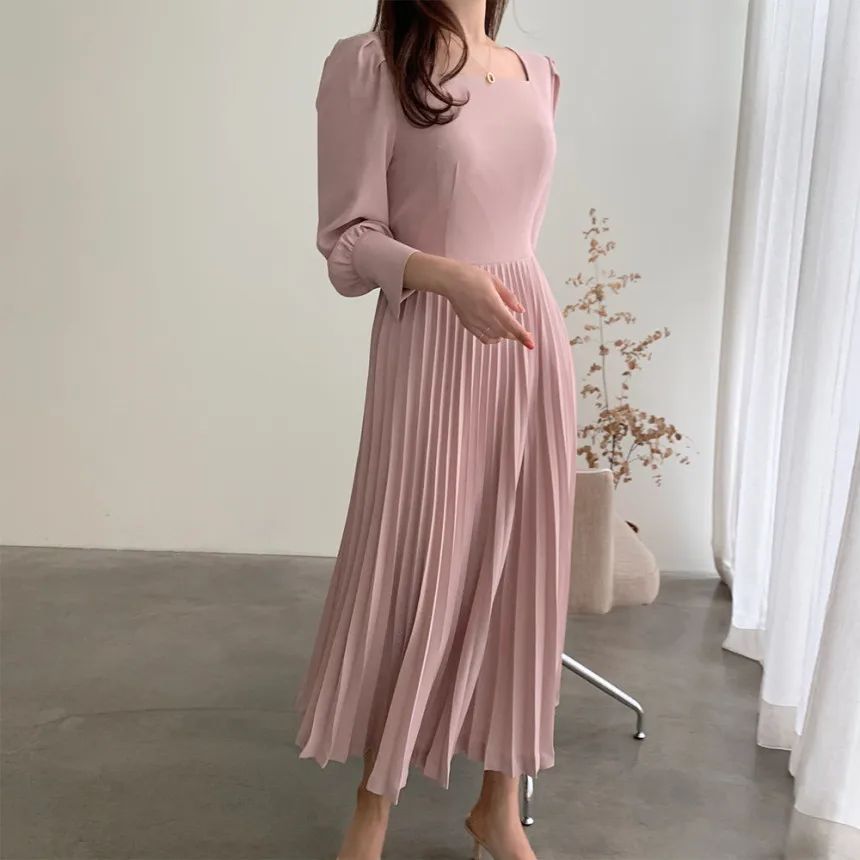 2020 Nové Jeseň Ženy Kórea Elegantné Skladaný Šaty dámske Dlhý Rukáv Bežné Tuhé Temperament Lady Šaty Vestidos