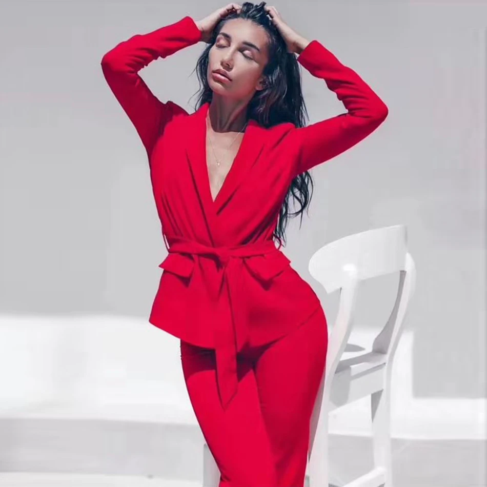 2020 nové módne červené biele ženy nastaviť sexy dlhé rukávy bunda a nohavice 2 ks dvojdielne bežné strany úradu nohavice vyhovovali nastaviť