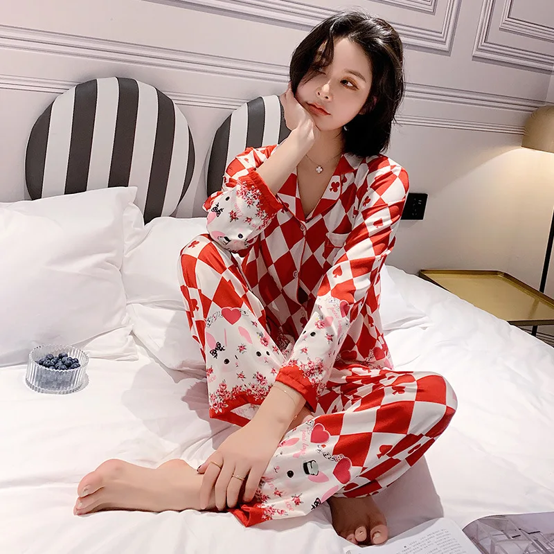 2020 Nové Najnovšie Hodváb Pyžamá pre Ženy Sladké Cartoon Pyžamá Ženy Elegancie Dlhý Rukáv oblečenie pre voľný čas Dámy Sleepwear Sady
