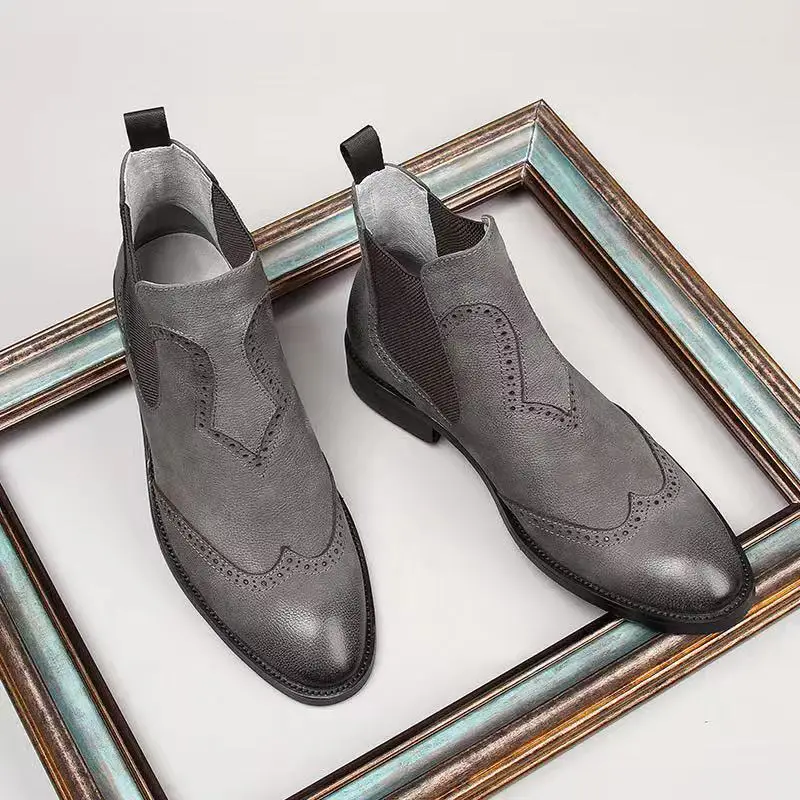 2020 Nové Páni Vintage Kožené Topánky Britský Štýl Mužov Čierna Šedá Topánky Pošmyknúť Na Svadobné Topánky Muž Chelsea Botičky
