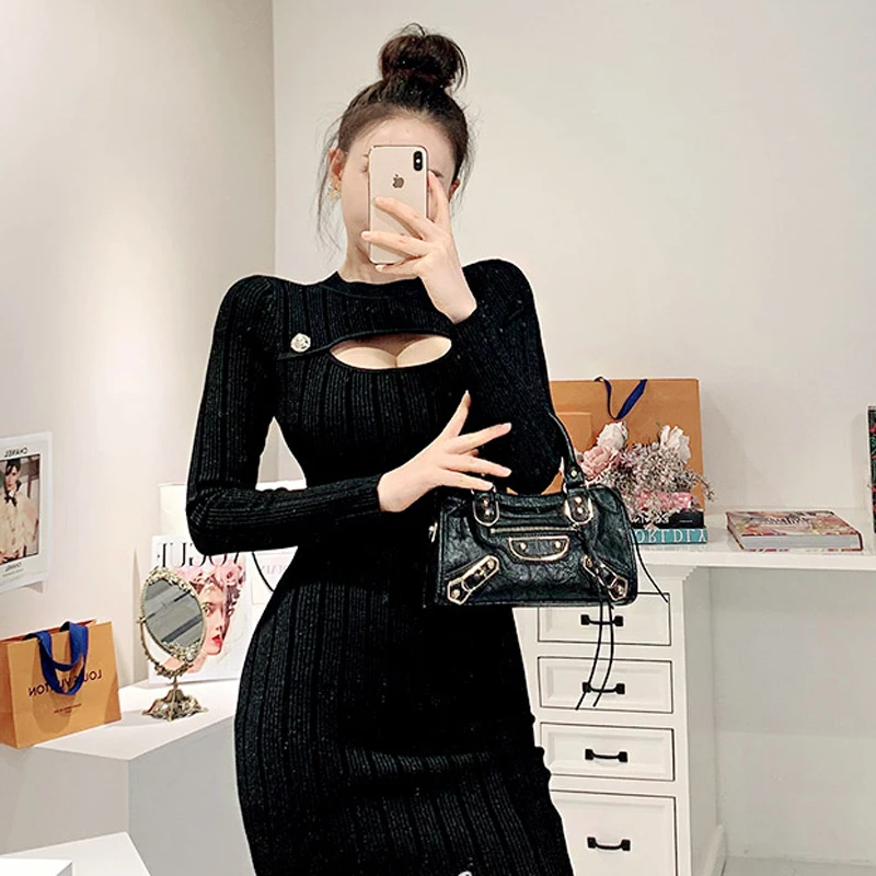 2020 Nové Sexy Ženy pletenie Čierne Šaty s Dlhým Rukávom O Krk Duté Sa podkolienok Party Šaty Lady Módne Šaty