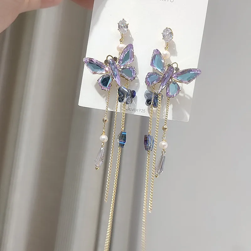 2020 Nový Príchod Vintage Fialová Crystal Motýľ Dlhý Strapec Drop Náušnice Pre Ženy Strany Pendientes Šperky