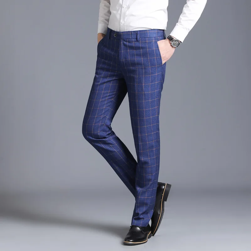 2020 Pánske Navy Kockované Šaty, Nohavice Business Bežné Kancelárske Nohavice Pantalon Homme Slim Fit Mužov Sociálne Nohavíc Smart Casual Nohavice