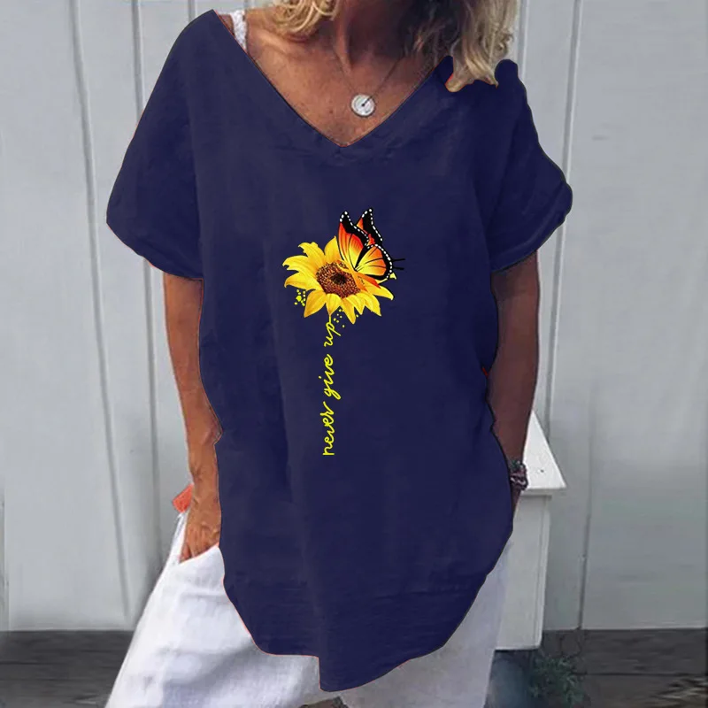 2020 Slnečnice Tlač Ženy Letné T-shirt Príležitostné Voľné Plus Veľkosť S-5XLBat Rukávy Tričko Fashion tvaru Ulici Ženský Čaj Topy