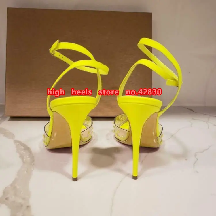 2020 sumer, new style neon yellow crystal clear slingback pointy prst vysoké podpätky stiletto topánky sandále 12 cm 10 cm