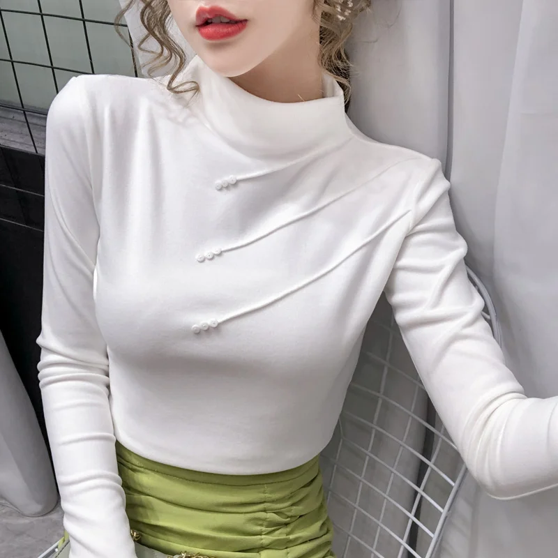 2020 Turtleneck T-Shirt Žena kórejský Biele tričko Ženy Hrubé Teplé Oblečenie s Dlhým Rukávom Jeseň Zima Topy Tee Tričko Femme Modrá