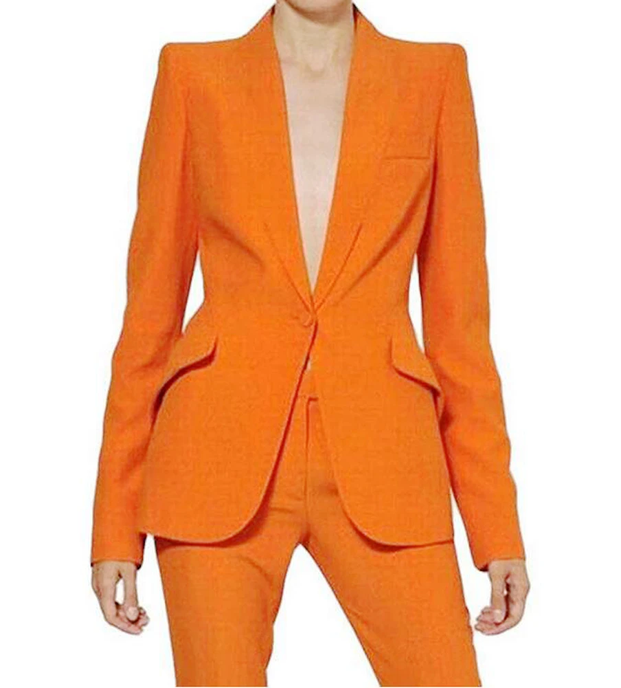 2020 Vysokej Kvality Orange Ženy Pantsuits Práce Nohavice Obleky OL 2 Ks Súpravy Ženy Sako Bunda & Ceruzka Nohavice Oblek Pre Ženy Nastaviť