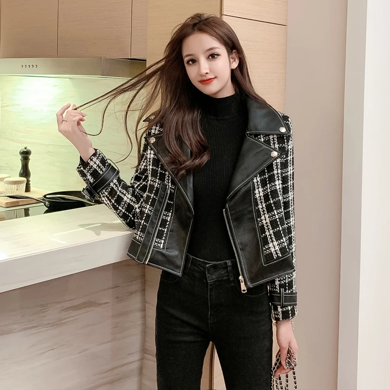 2020 Wild Xiao Xiangfeng Bola Tenká Tweed Šitie PU Kožené dámske Pekný kórejský Kabát Motocykel Módna Bunda Žena Tide