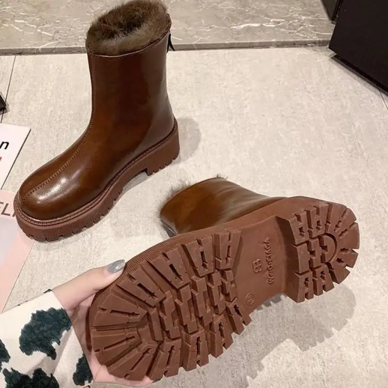 2020 Zimné Príčinné Botičky Retro Hrubé Jediným Ženy Topánky Reálnom Kožené Chelsea Boots Teplé Plyšové Čierne Topánky Na Zips Námestie Päty