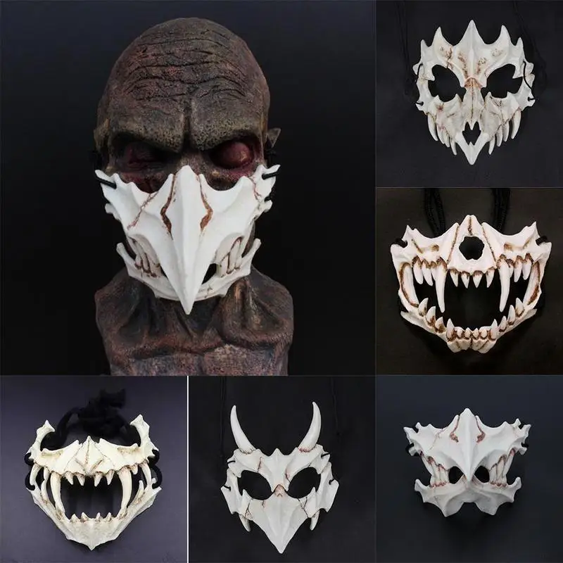 2020 zvieracie Masky Dlhé Zuby Demon Samuraj Biele Kosti Maska Tengu Dragon Yaksa Tiger Živice Maska Cosplay Halloween Príslušenstvo