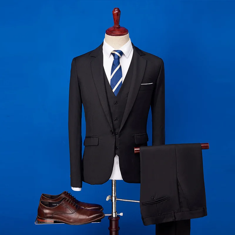 2020 Čierne pánske Oblek 3 Kusy Nastavenie Jedným Tlačidlom Ploché Slim Fit Bežné Tuxedos Na Svadbu, Ples (Bunda+Nohavice+Vesta) kostým homme