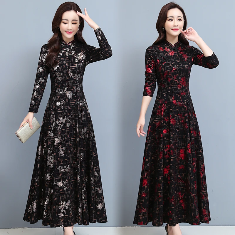 2020 Čínsky Štýl Cheongsam Jeseň Šaty Plus Veľkosť Vintage Zrastov Bavlna, Dlhý Rukáv Midi Šaty Žien Strán Black Maxi Vestidos