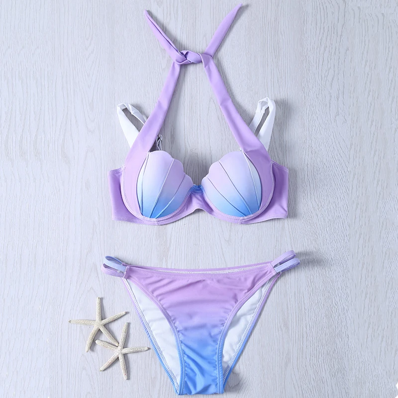 2020 ženy, plavky morská víla bikini set 4 farby gradient shell sexy plavky brazílsky trojuholník pláži plavky plážové oblečenie
