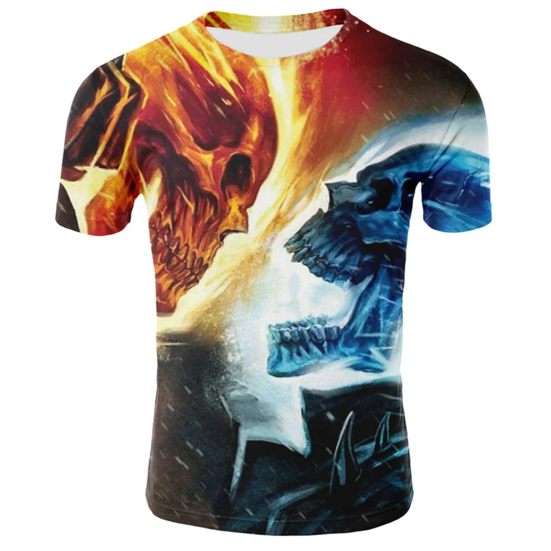 2020Mens Lebky, T košele Módne Letné Krátky Rukáv Ghost Rider Pohode T-shirt 3D Blue Lebka Topy Rock Oheň Lebky Tričko Mužov