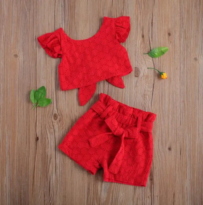 2021 detské Letné Oblečenie Set sa Žakárové Lietania Rukáv Backless Hollowout Čipky T-shirt Šortky Oblek Dievčatá Oblečenie