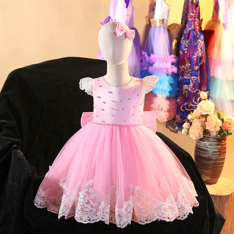 2021 Módne Pink Baby Girl Šaty Elegantné Šaty Pre Dievčatá Dieťa Dievča Princezná Šaty + Hlavový Most Party Šaty Pre 1-5 Veku